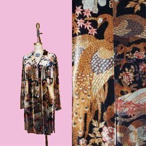 1990s-Y2K CLIO Velvet PEACOCK DUSTER Tunic Dress W/Bridge Motif a Side Slits. M